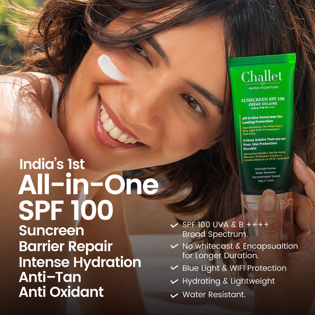 Sunscreen SPF 100 UV A& B ++++- 50 gm- All in one, 5 in 1,Rare Ingredients from Switzerland, Europe&  Japan,Water Resistant with Barrier Repair & Increases SkinElasticity